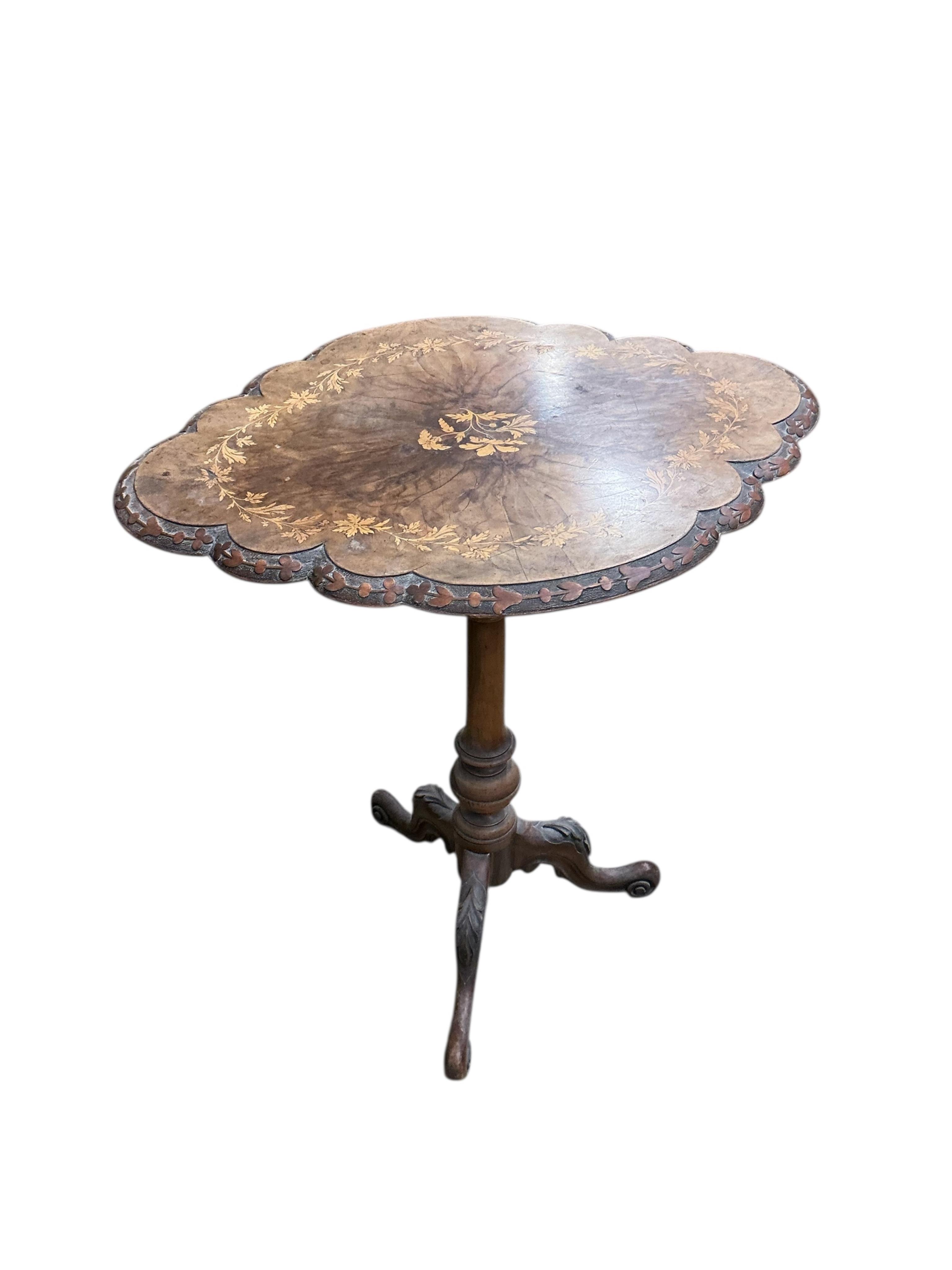 A Victorian marquetry inlaid oval walnut tripod wine table, width 62cm, depth 47cm, height 73cm